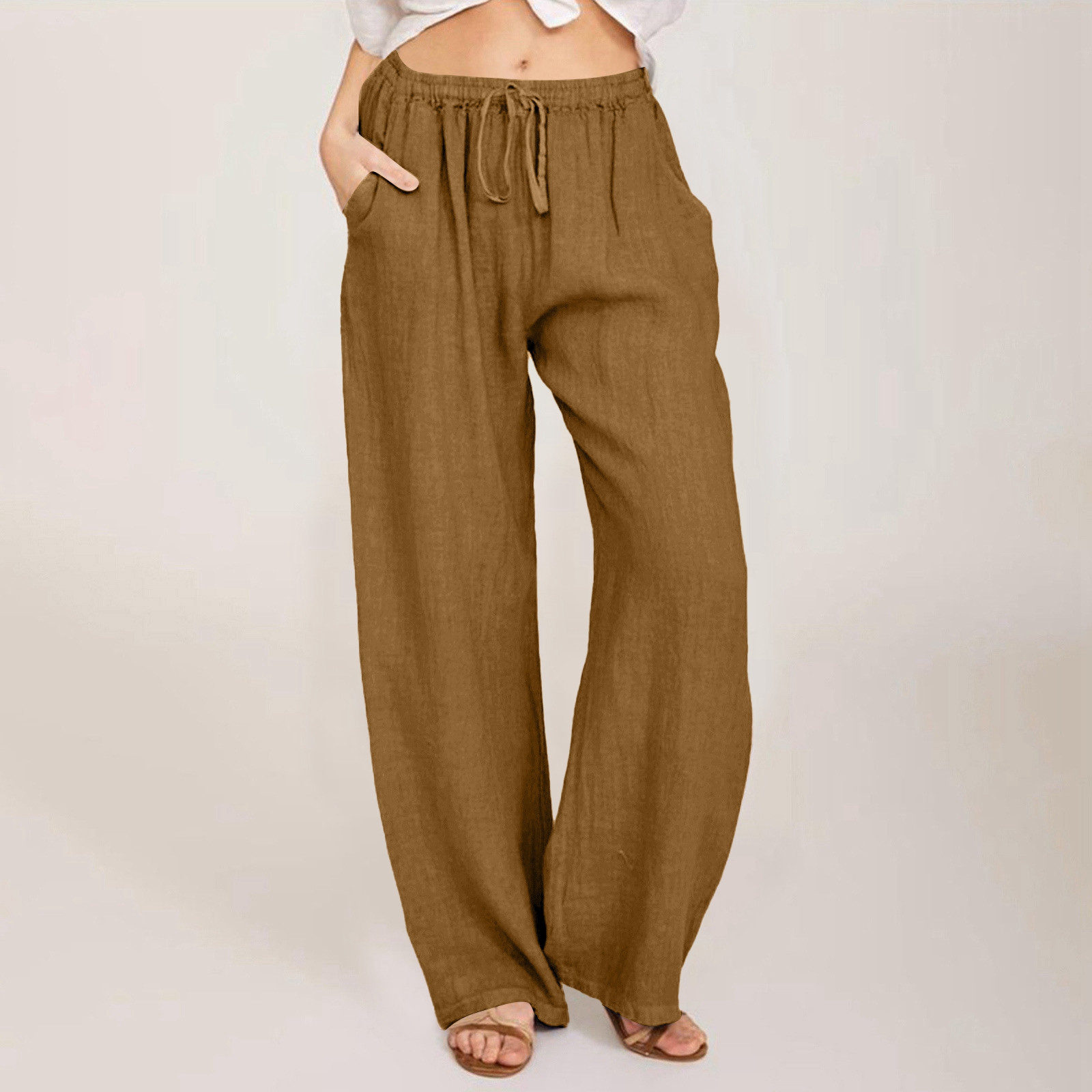 thumbnail image 2 of Pantalones casuales de lino con cintura ancha y cordón largo para mujer - Pantalones elásticos de cintura alta y pierna ancha en color liso, 2 of 6